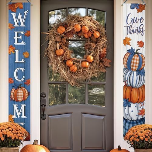 Deroro Welcome Fall Thanksgiving Pumpkin Porch Banner Sign, Blue Autumn