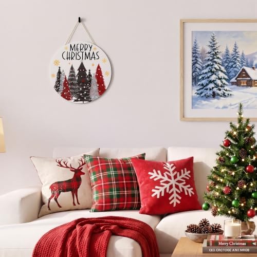 Smile Merry Christmas Round Door Sign White Wreath Trees Gold Glitter Decor