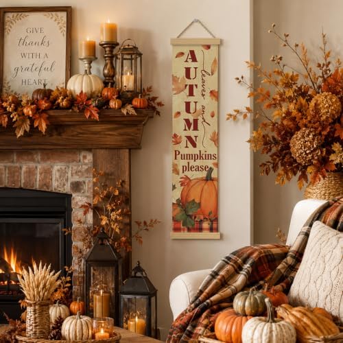 Fall Front Door Decor, Pumpkins Please Autumn Hanging Banner for Porch
