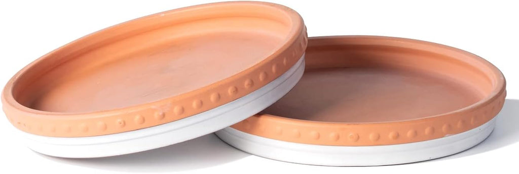 YBX 8-inch Plant Saucer Premium Terracotta Saucer Round Ceramic Plant Trays, Pack of 2 (White/Terracotta) | Glazed