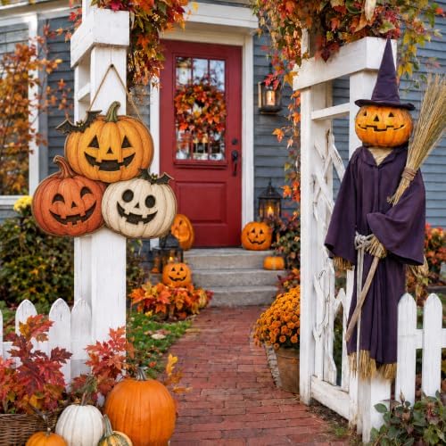Halloween Wreaths for Front Door, Wooden Triple Pumpkin Bat Hanging Sign