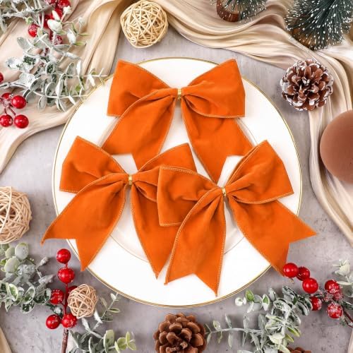 Janinka 12 Pcs 6 Inch Fall Velvet Bows for Wreath Decor, Orange