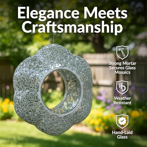 Sunnydaze Mosaic Glass Bird Feeder for Outdoors, Mirrored Diamond Flower