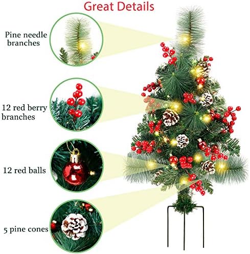 Lulu Home 2 Pack 2 Ft Pre-Lit Pathway Christmas Trees with Stake, Battery Operated 60 LED Lighted Small Christmas Trees Yard Stake Outdoor Decoration with Red Berries, Red Balls, Pine Cones