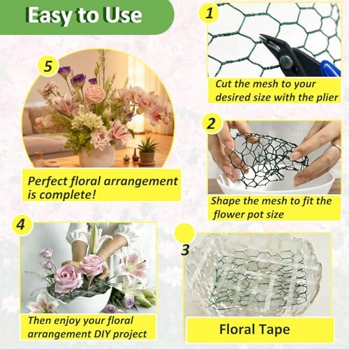 Floral Chicken Wire for Craft Kit, 4" x 158" Lightweight Chicken Wire for Floral Arrangement, Hexagonal Galvanized Chicken Wire Netting with Floral Tape, Plier, Tie, Gloves(Forest Green, 4" x 158")