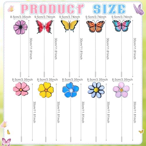 10 Pcs Metal Flower Garden Stake for Outside Outdoor 11.8" 5D Summer Flowers Butterfly Metal Sign Waterproof Decoration Landscape Ornament for Lawn Yard Garden Patio Porch Art