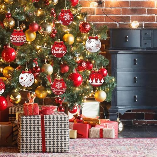12Pcs Red and White Christmas Tree Decorations with Flat Ball Designs