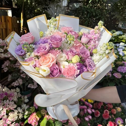 Duyasurs 20 Sheets Floral Wrapping Paper, Waterproof Bouquet Wrapping, 22.8x22.8IN, Florist Supplies Packaging Paper, DIY Gift Box, Wedding & Birthday Gifts, Gold Edge(White)