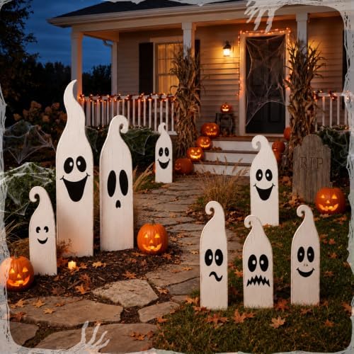 Sintuff 8 Pcs Halloween White Ghost Yard Signs Outdoor with Stakes
