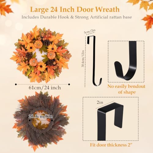 Wellsign 24 Inch Fall Wreath for Front Door Outside with Metal Hanger