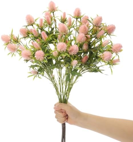 XunYee 50 Heads Artificial Thistle Flowers 5 Bundles Pink Faux Thistle Eryngium Spray with Stems 27'' Sea Holly Floral Branches for Wedding Bouquets Centerpieces Party Home Decor