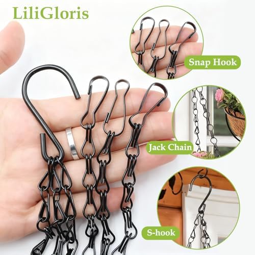 3 Pack 24 Inch Adjustable Hanging Plant Chains with Clips Hooks Black Metal Replacement Chains for Flower Pots Bird Feeders Baskets Lanterns Wind Chimes Indoor Outdoor Use（Locking Hook）