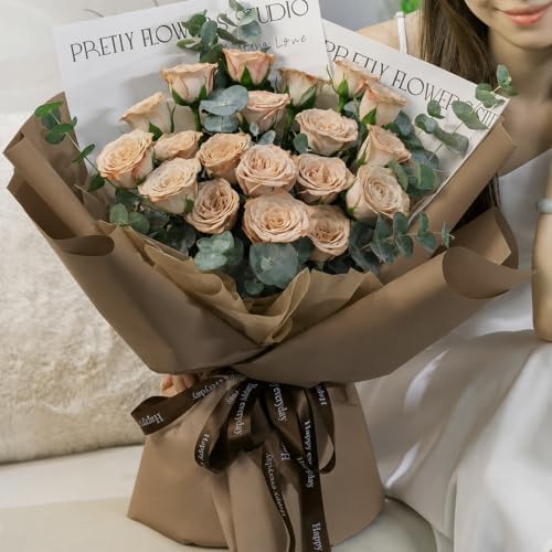 LeZakaa 20 Sheets Flower Wrapping Paper - Waterproof Reversible Floral Bouquet Paper - Brown Design for Valentine's Day, Mother's Day, Parties, Birthdays, Weddings, Baby Shower