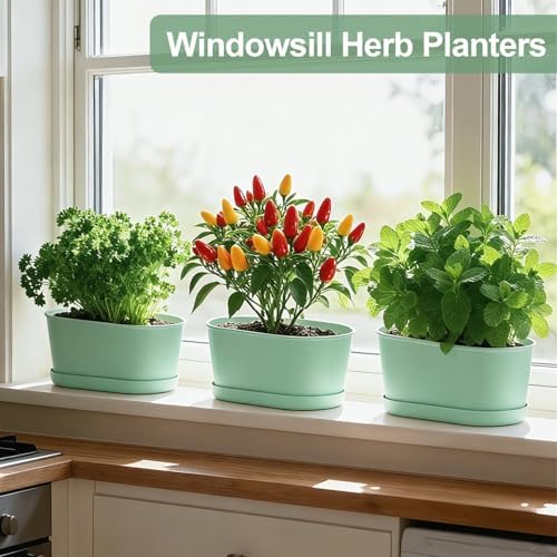 Oliz Set of 4 Green Oval Window Sill Planters with Drainage Holes and Trays（7 Inch） for Herbs Basil Orchids Succulents, Modern Herb Garden Planter for Indoor/Outdoor Plants