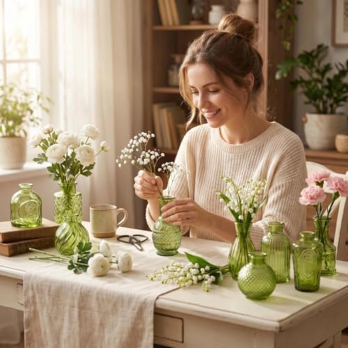 24PCS Mini Bud Vases As Wedding Centerpieces for Tables,Clear Bud Vases for Flowers,Small Flower Vases Suitable for Birthday Party,Anniversary,Wedding Reception,Baby Shower (Green, 24PCS)