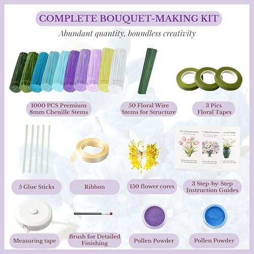 Pipe Cleaner Flower Kit, 1000 PCS Chenille Stems in 10 Colors with Tools