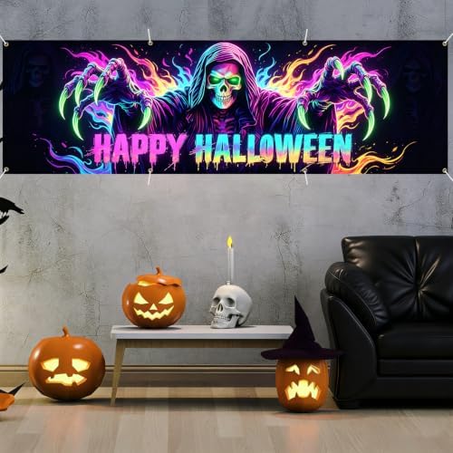 118"x35" Extra Large Happy Halloween Banner Big Spooky Halloween Backdrop for Giant Outdoor Yard Easy Hang with Ropes&Grommets–Perfect for Fence, Porch, Garden, Haunted House Party Signs (Neon Reaper, 118"x35")