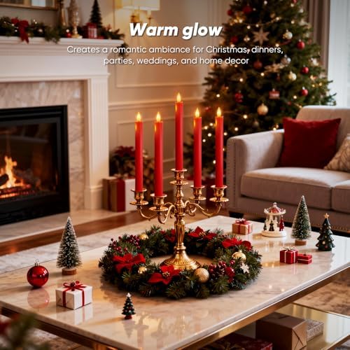 Homemory 6 Pcs Real Wax LED Red Flameless Taper Candles with Remote Timer, 9.6 Inches Fake Candlesticks, Dripless Battery Operated Window Candle with 3D Flickering Flame for Fireplace Xmas Decor