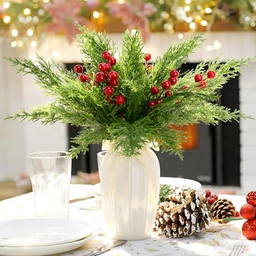 30 Pcs/Set Christmas 3D Artificial Pine Branches- 12.5 Inch Faux Evergreen Cedar Sprigs Branches- Fake Foliage Pine Needles Picks with Artificial Red Berry Stems for DIY Christmas Decoration