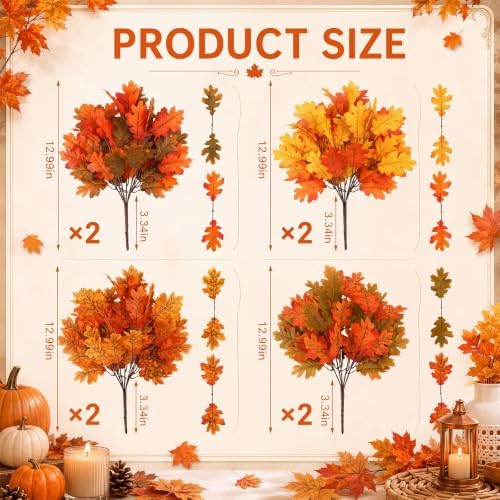 Tigeen 8Pcs Fall Leaves Faux Maple Leaves Stems Thanksgiving Decor, Retro