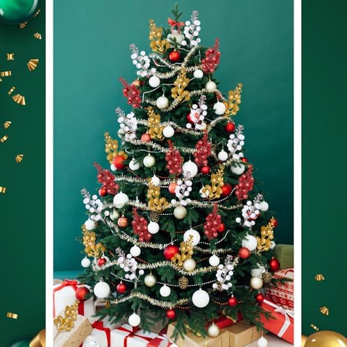 Geosar 36 Pcs Christmas Glittered Berries Stems, Red, White, Gold