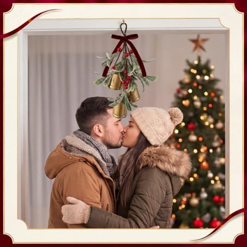 Tigeen 1 Pcs Christmas Mistletoe 3 Bells Bow Hanging Ornament, Wine Red