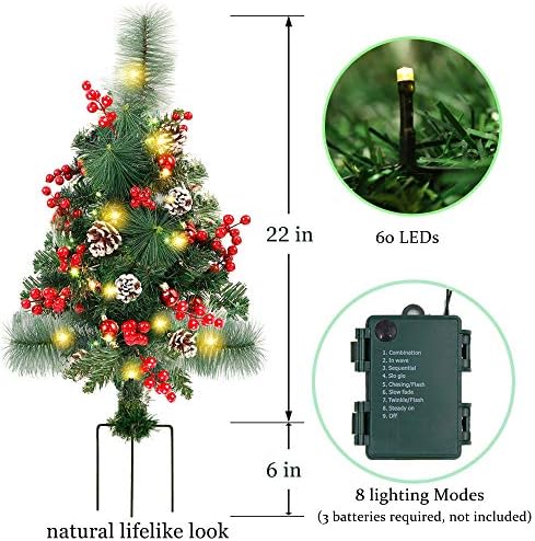 Lulu Home 2 Pack 2 Ft Pre-Lit Pathway Christmas Trees with Stake, Battery Operated 60 LED Lighted Small Christmas Trees Yard Stake Outdoor Decoration with Red Berries, Red Balls, Pine Cones