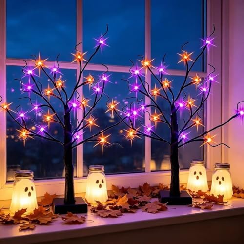 HipTree 2 Pack 2FT Lighted Black Birch Tree Halloween Tabletop Decor