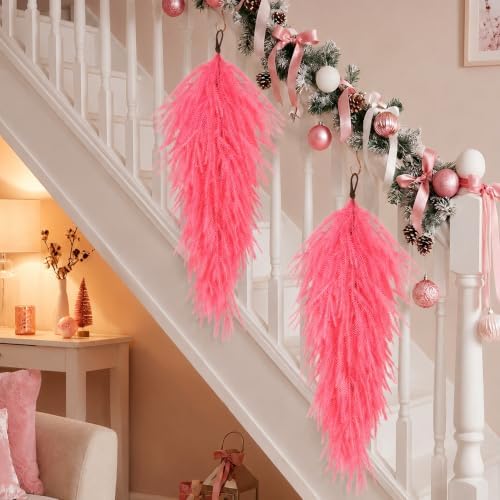 2 Pcs 28'' Pink Christmas Pine Door Swag,Artificial Norfolk Teardrop Swag