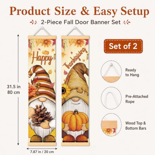 Happy Thanksgiving Gnome Door Banner Set of 2, Pumpkin Porch Decor for Home