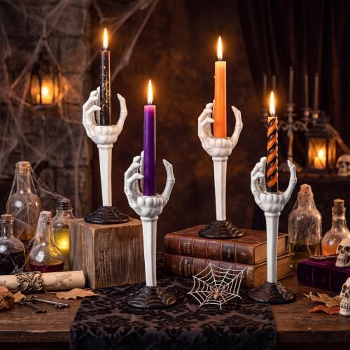 Qinyoung 2 Set Halloween Skull Taper Candle Holders, Black Resin Gothic