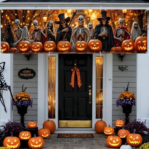 118"x35" Extra Large Happy Halloween Banner Big Spooky Halloween Backdrop for Giant Outdoor Yard Easy Hang with Ropes&Grommets–Perfect for Fence, Porch, Garden, Haunted House Party Signs (Skeleton Army, 118"x35")