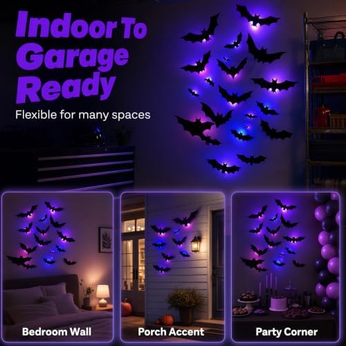 Halloween 3D Lighted Bats, LED Purple Glowing Wall Stickers, Indoor Outdoor
