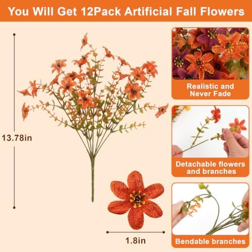 12 Pcs Artificial Fall Flowers for Outdoors, UV Resistant Fake Mums Porch