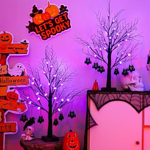 Black Halloween Spooky Trees - 2 Pack 2FT Halloween LED Light Up Tree with 40 Spiders 12 Bats, Auto Timer, Battery/USB Powered, Bendable Branches for Tabletop Indoor Outdoor Decor