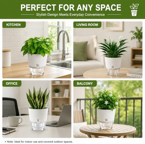 6 Inch Self Watering Planters 4 Pack Plastic Wicking Pots White