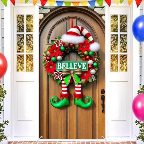 BlissYard Christmas Door Cover Believe Elf 35x71 Inch Polyester