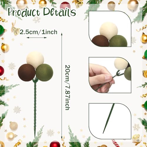 Syhood 12 Sets 7.9 Inch Christmas Ball Picks and Sprays, Green Brown Beige
