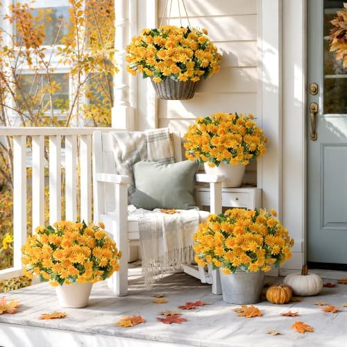 Artificial Fall Mum Flowers for Outdoor, Faux Chrysanthemum Bushes UV Resistant, Waterproof Floral Arrangements, Fake Autumn Daisy Flowers for Front Door Patio Garden Yard Planter Home Decor, Yellow