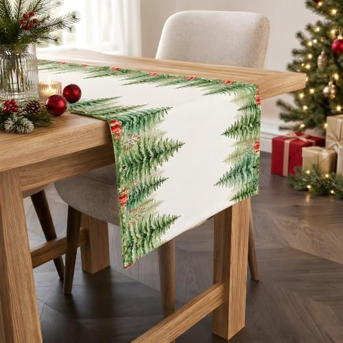 Christmas Decorations - Watercolor Pine Tree Christmas Table Runner
