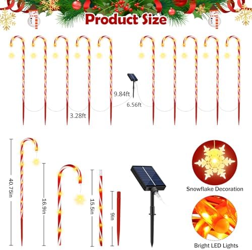 HELESIN 10Pack 40.75in Warm White Solar Candy Cane Pathway Lights Outdoor