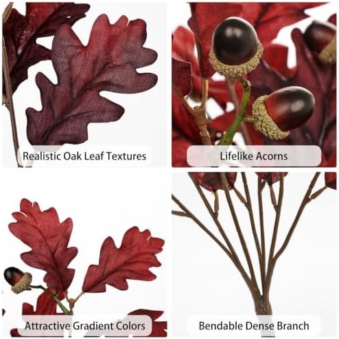 Faux Oak Leaf Branches with Acorns, 2Bundles Fall Stems for Vase, Burgundy