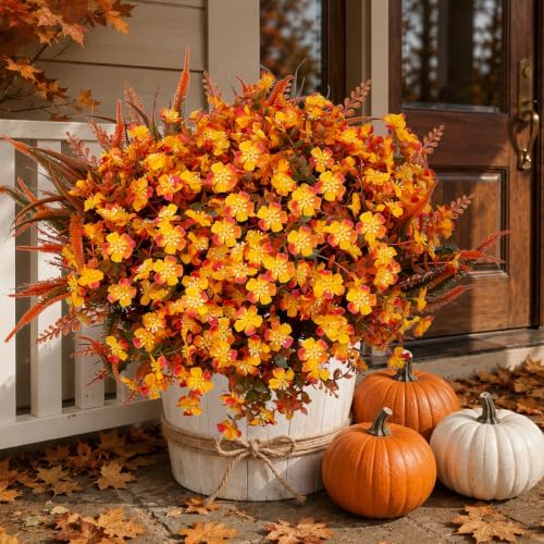 AXYLEX Artificial Fall Flowers Outdoor Fake Mums (OrangeGreen, 16 Pk)