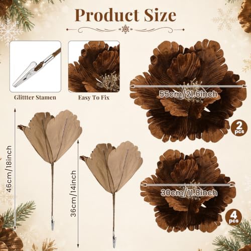 Janinka 6 Pcs Extra Large Christmas Poinsettia Magnolia Brown Flowers Decor