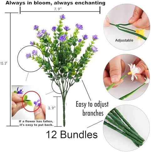 AXYLEX Artificial Flowers for Outdoors, 12 Bundles Fake Plants (Purple)