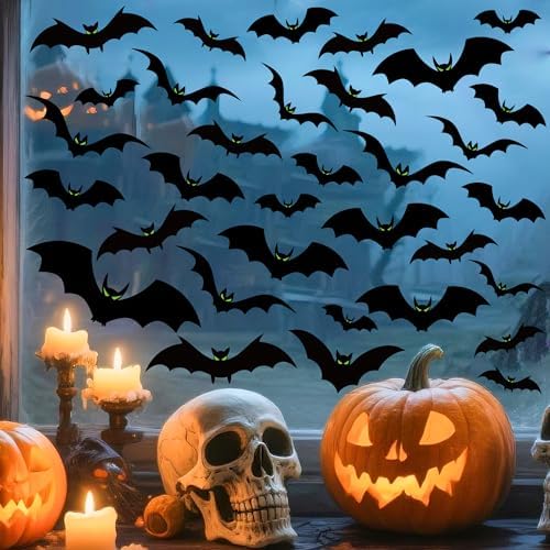 6 Sheets Halloween Window Clings Large Scary Bats Silhouette Window Decals Black Bats with Glow Eyes Windows Stickers Double Sided Windows Decoration for Home School Office Glass Halloween Party Decor