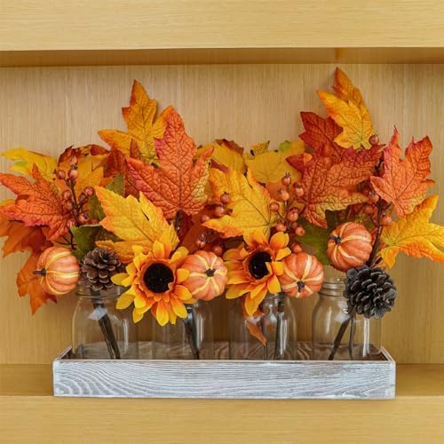 Winlyn 8 Pcs Fall Harvest Artificial Maple Leaf Stems Fall Picks and Sprays with Orange Pumpkins Sunflower Heads Pine Cones Berries 13" for Thanksgiving Autumn Wedding DIY Wreath Floral Arrangements