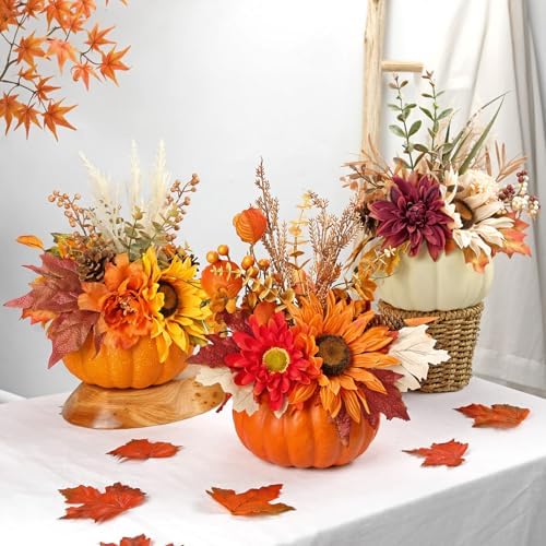 Artificial Pumpkin Fall Décor - Autumn Table Centerpieces with Red Faux Flowers, Maple Leaves, Sunflowers, Pumpkin – Halloween, Thanksgiving & Harvest Home Decoration
