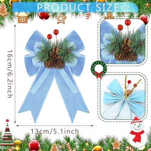 Syhood 6 Pcs Christmas Bows Xmas Velvet Bows Tree Decor, Bright Blue