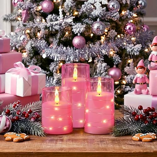 Homemory Flickering Flameless Candles, Pink LED Pillar Candles with Remote